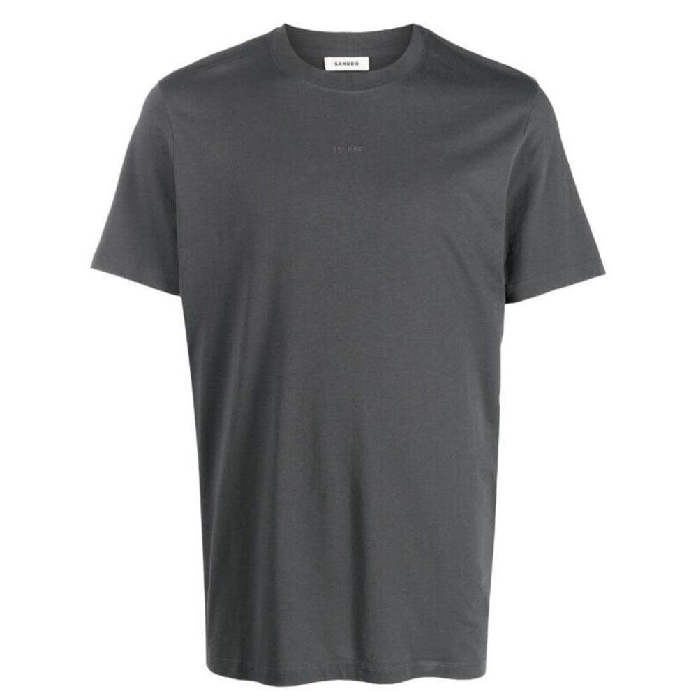Sandro Paris Mens T-Shirt Charcoal Grey Embroidered Logo Crew Neck Cotton Tee